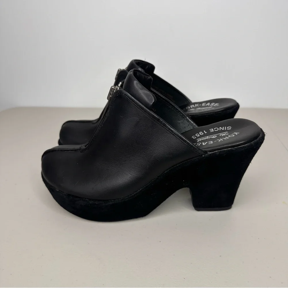 Kork-Ease Leather Heeled Clogs Women’s 10 Black Leather Slip-on Mule Zipper Shoe - Picture 3 of 16